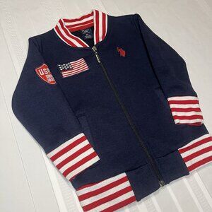 U.S. Polo Assn Navy Zip Up Striped USA Flag Track Jacket Boys 3T Toddler Fleece